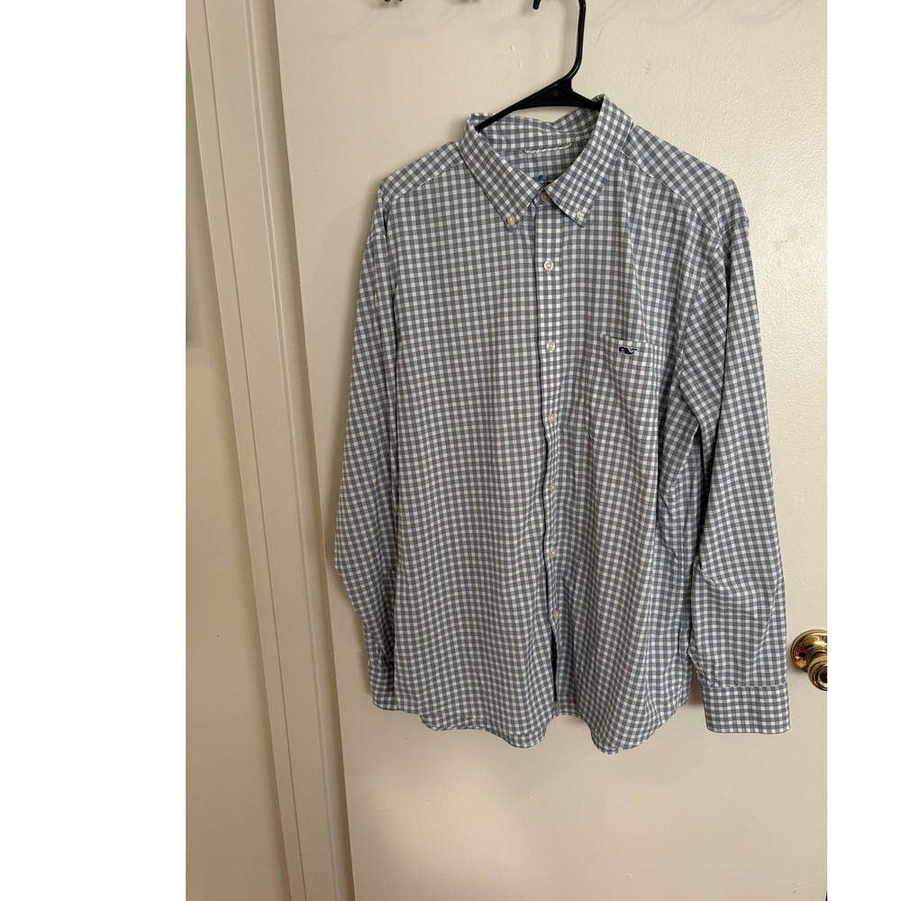 Vineyard Vines On-The-Go Performance Gingham Shirt Mens Large Grey Button Up